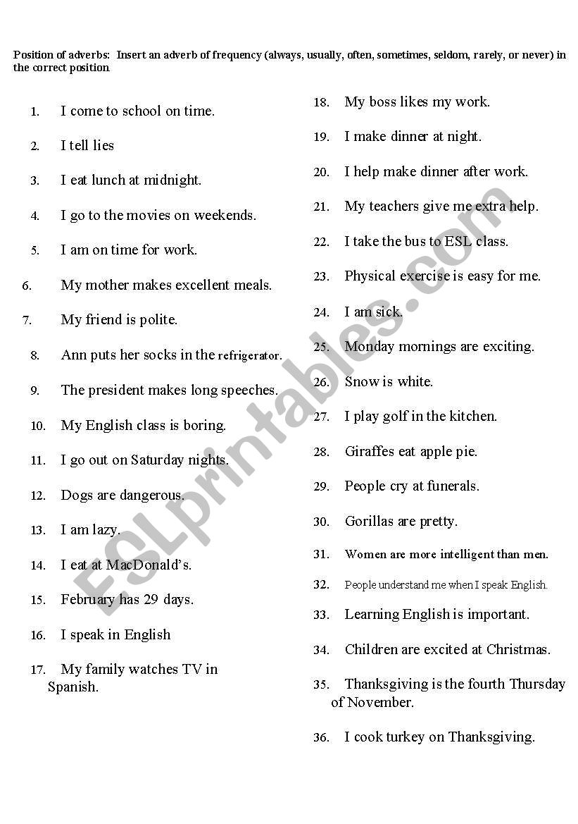 Adverbs of frequency worksheet