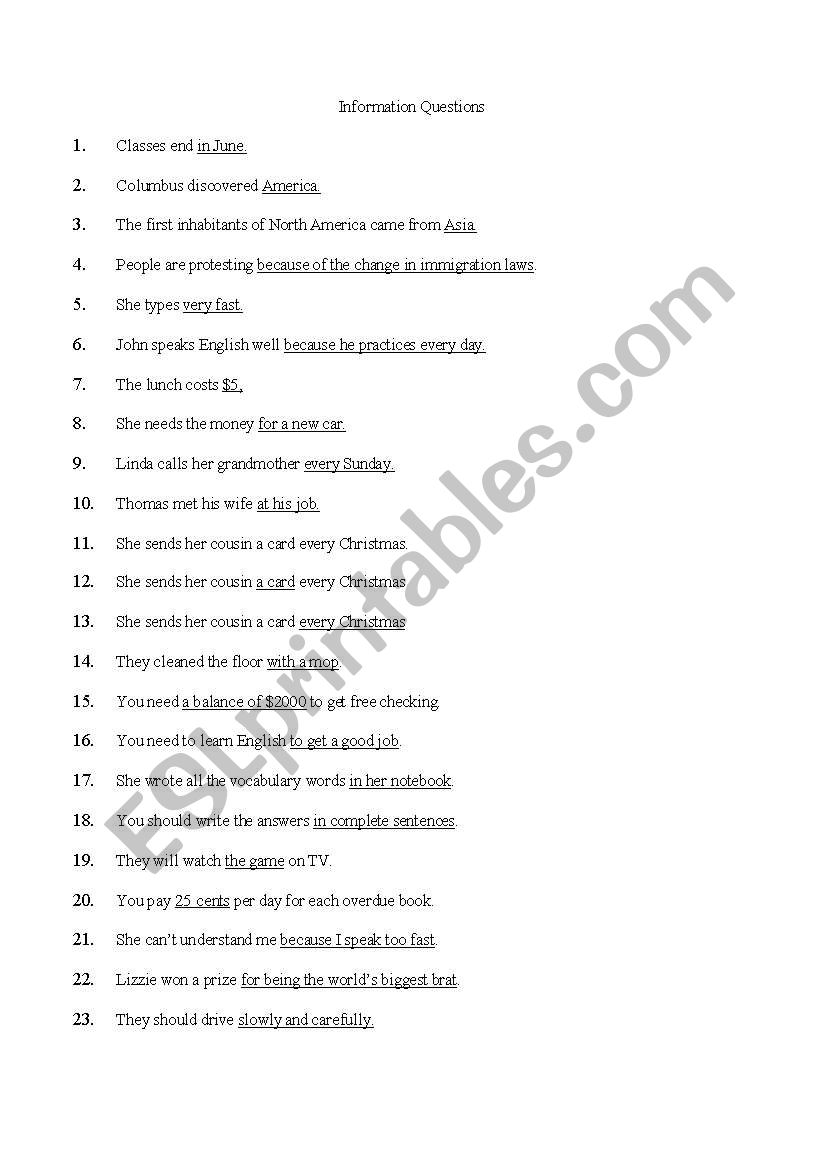 Information Questions worksheet