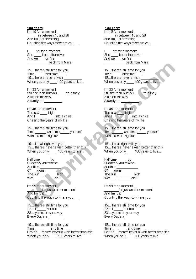 100 years worksheet