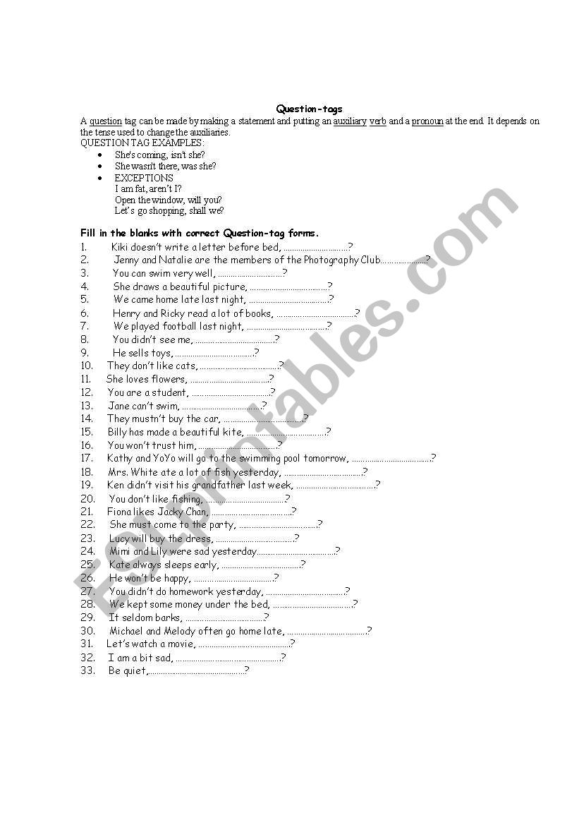 Question Tags. worksheet