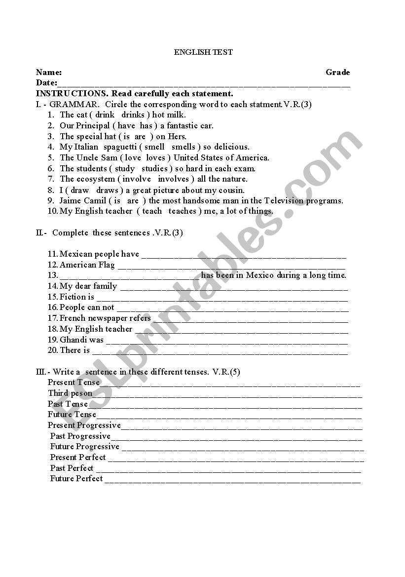 english grammar test (tenses) worksheet