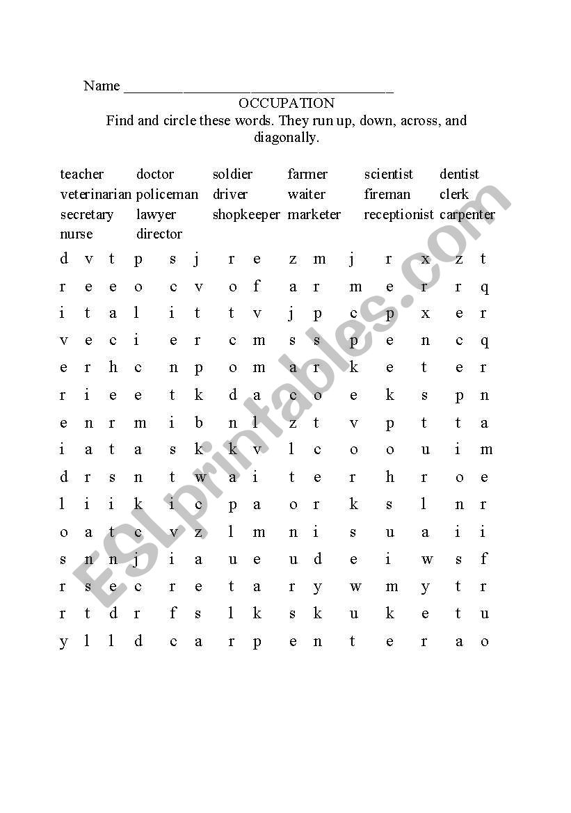 OCCUPATION word search worksheet
