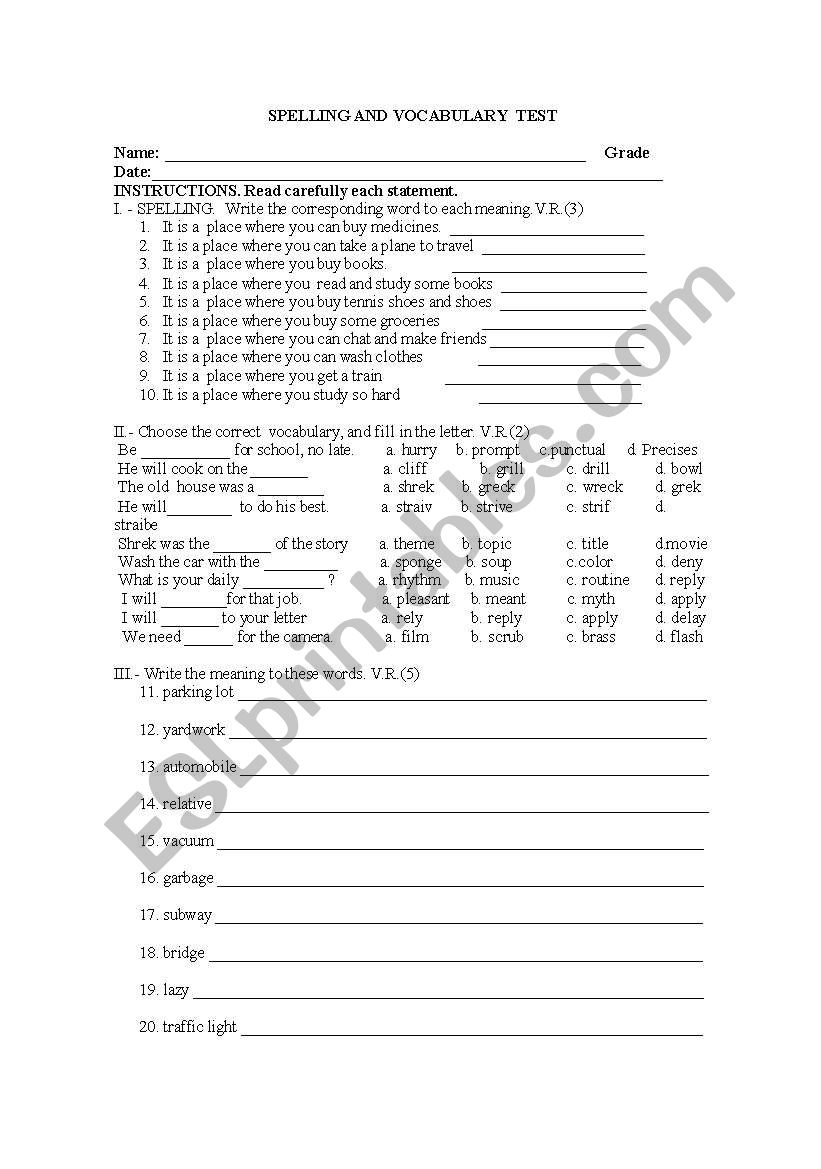 spelling and vcabulary test worksheet