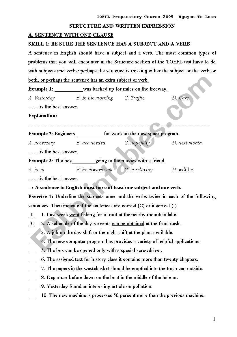 STRUCTURE AND WRITTEN EXPRESSION WITH ONE CLAUSE SENTENCE 