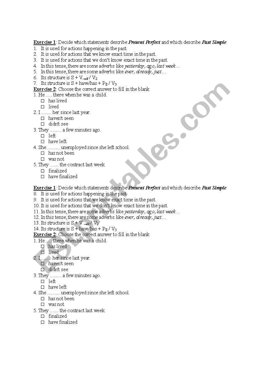 quiz to diffrentiate past simple and present perfect