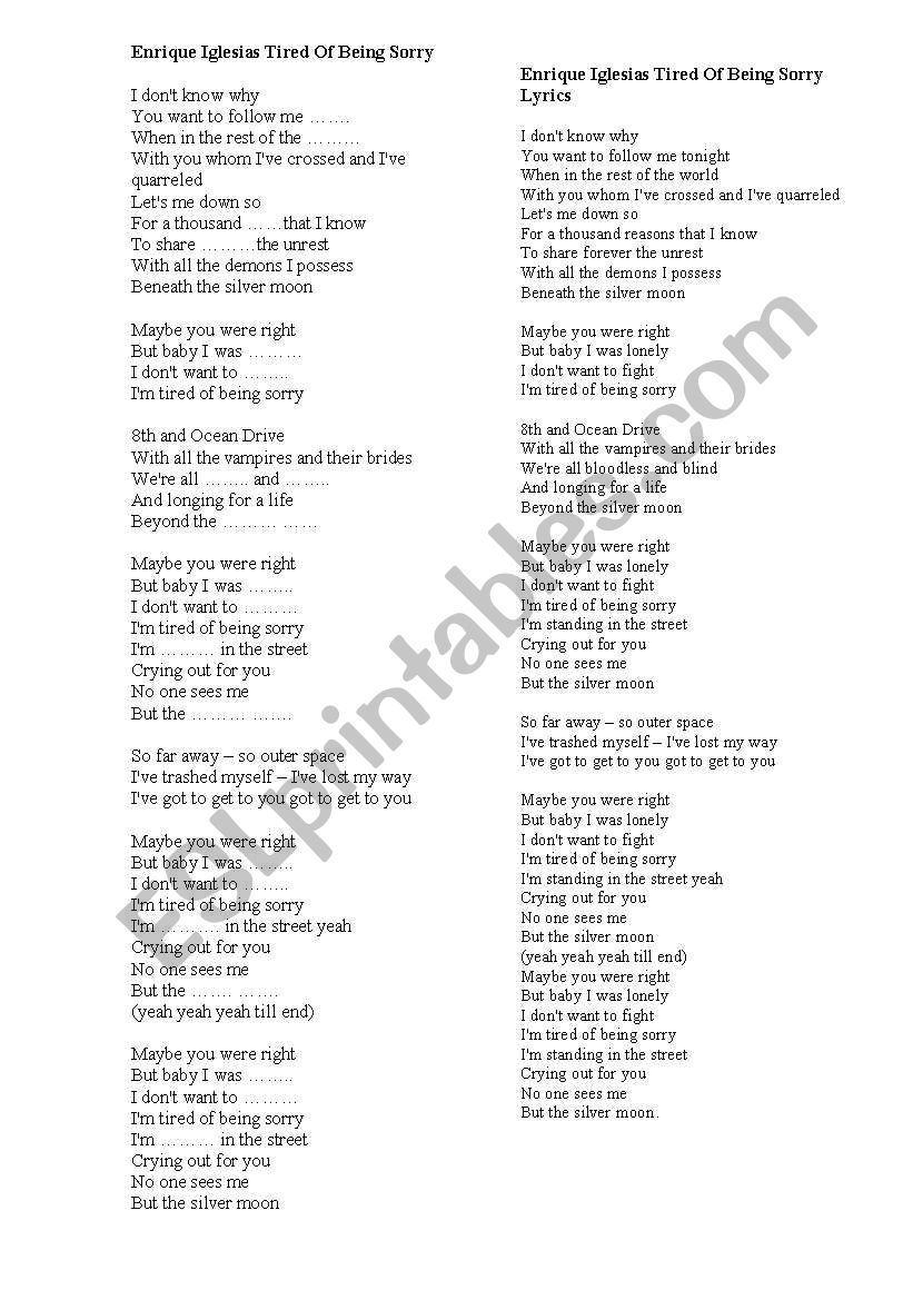 tired of being sorry worksheet