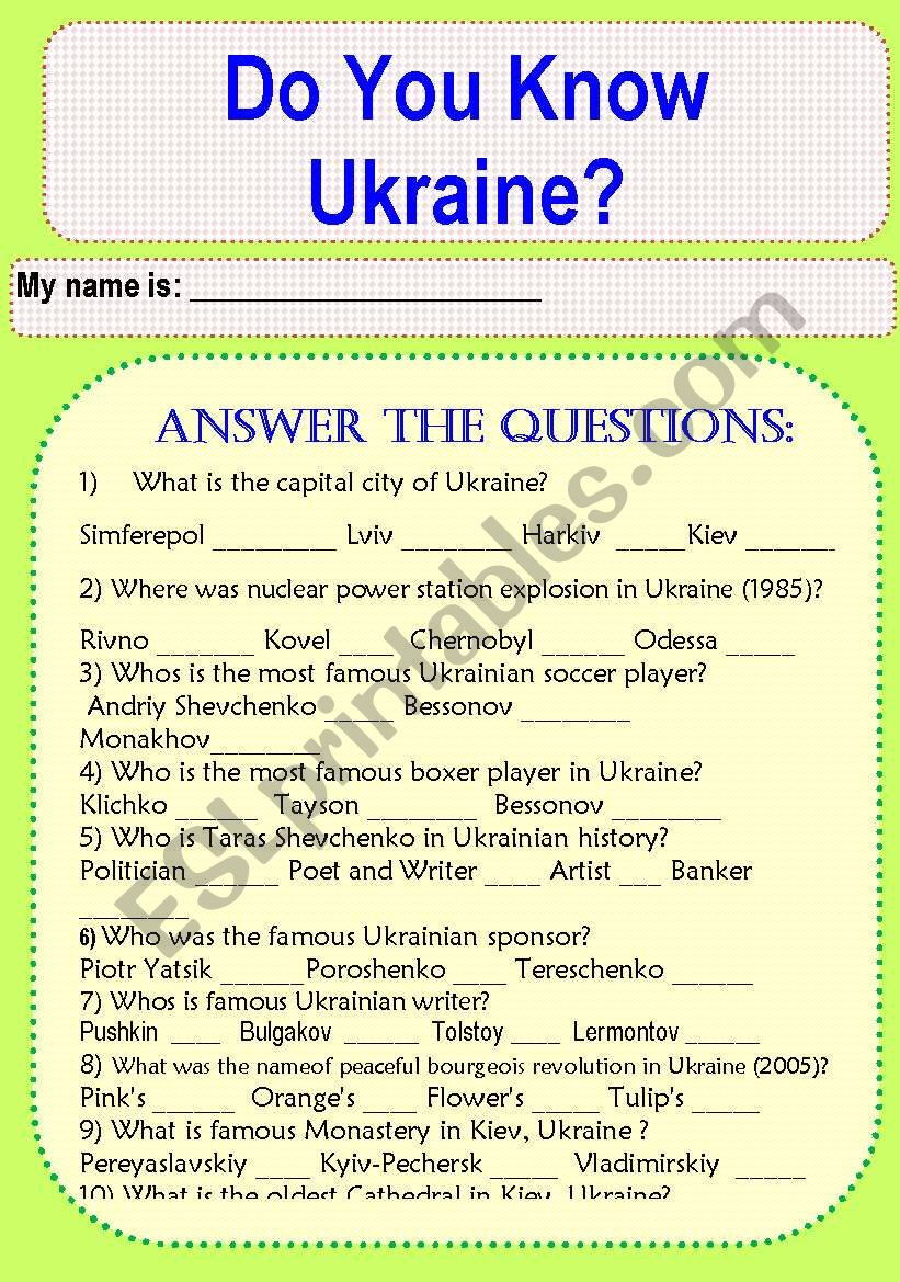 Do You Know Ukraine ESL Worksheet By Zemi san