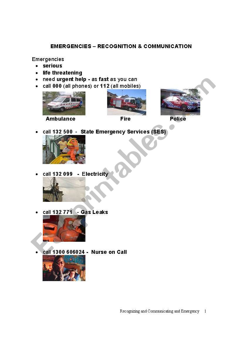 EMERGENCIES worksheet