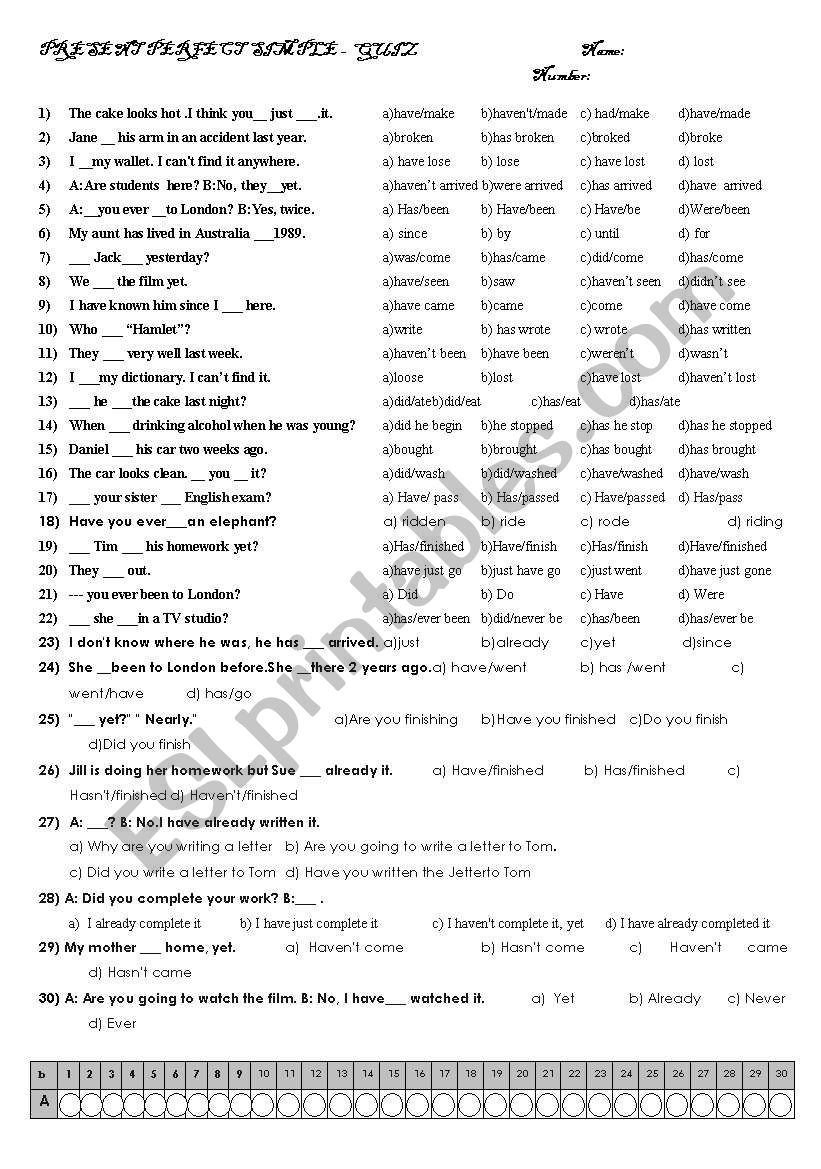 present perfect simple test worksheet