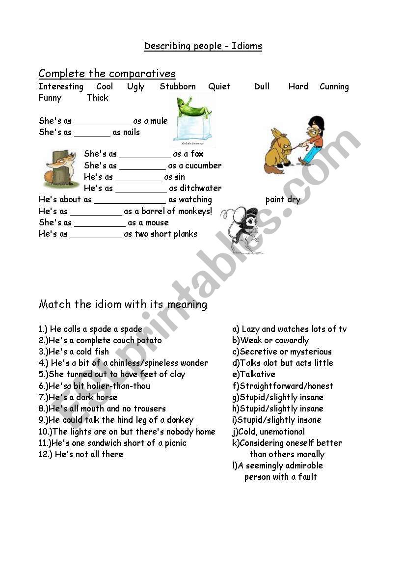 idioms of personality worksheet
