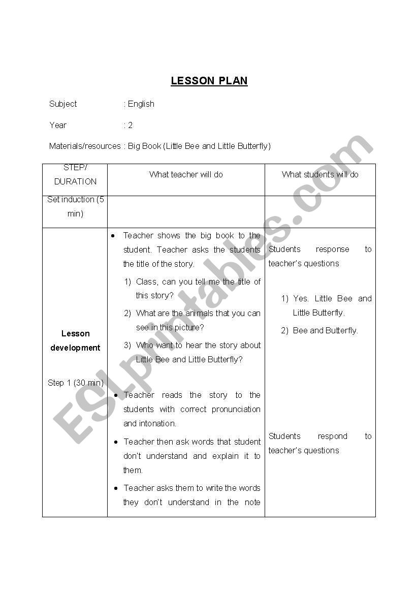 lesson plan using big book worksheet