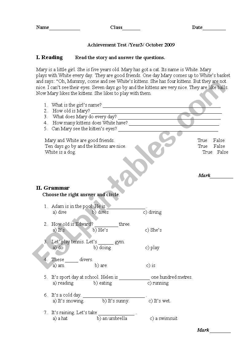 Progress test for III grade worksheet