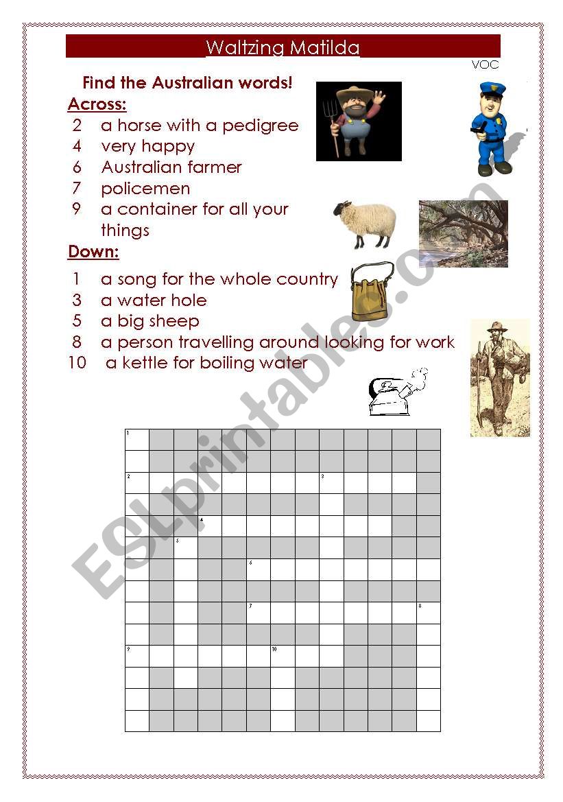 Vocabulary Crossword Puzzle Waltzing Matilda Australia