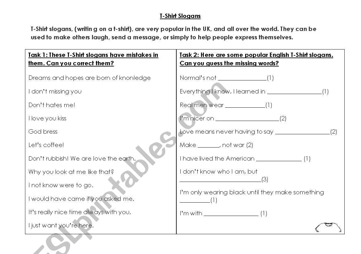 English tshirt slogans worksheet