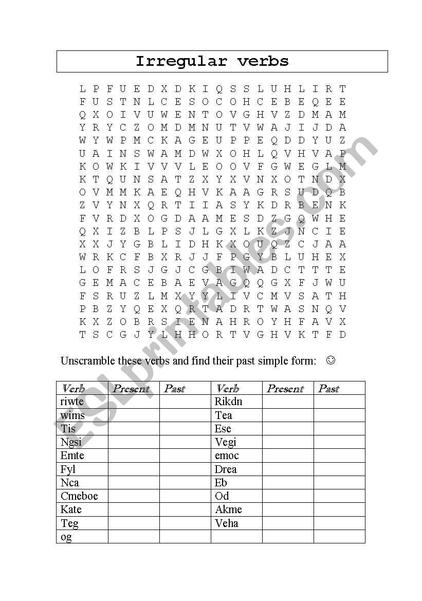 irregular verbs wordsearch worksheet