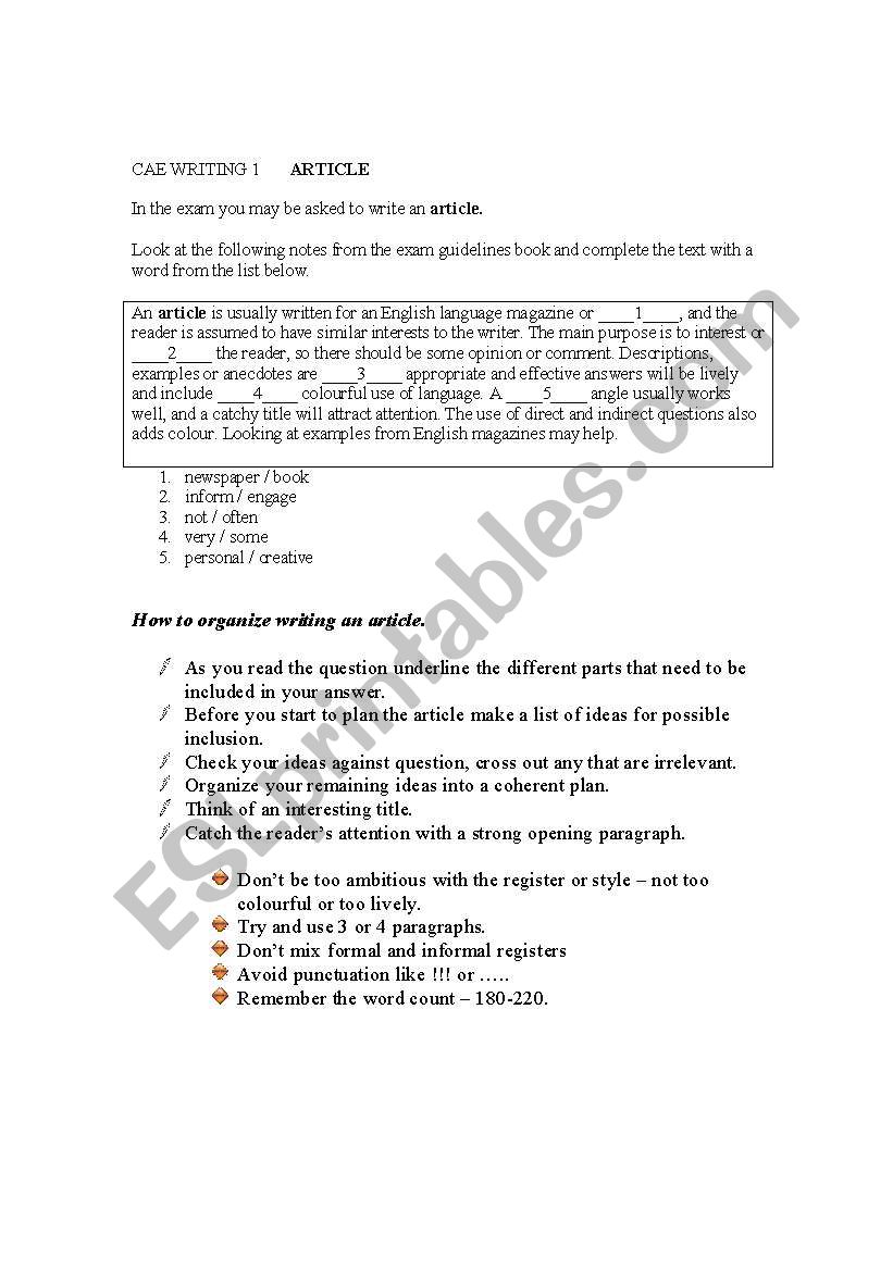 CAE WRITING - AN ARTICLE worksheet