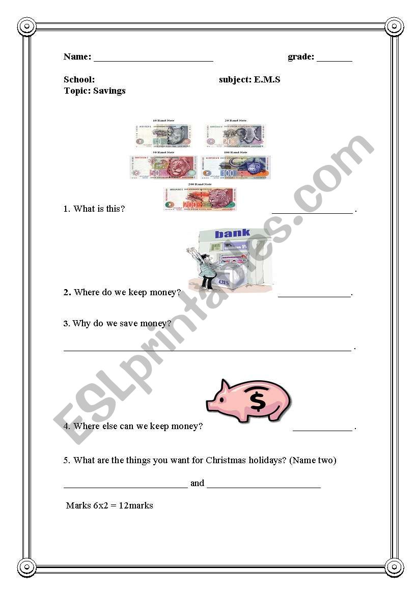 money matters worksheet