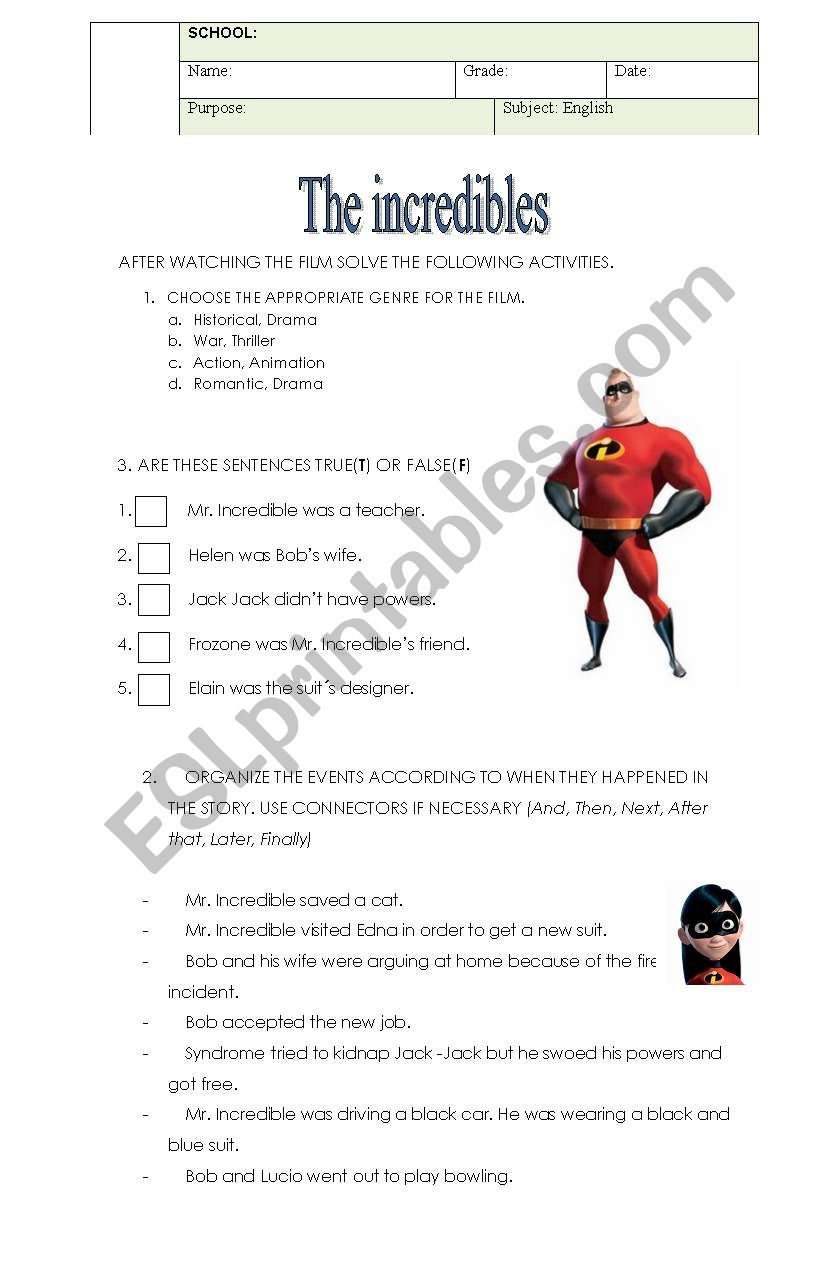 The Incredibles worksheet