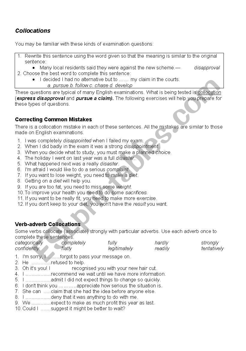 Collocations exercise worksheet