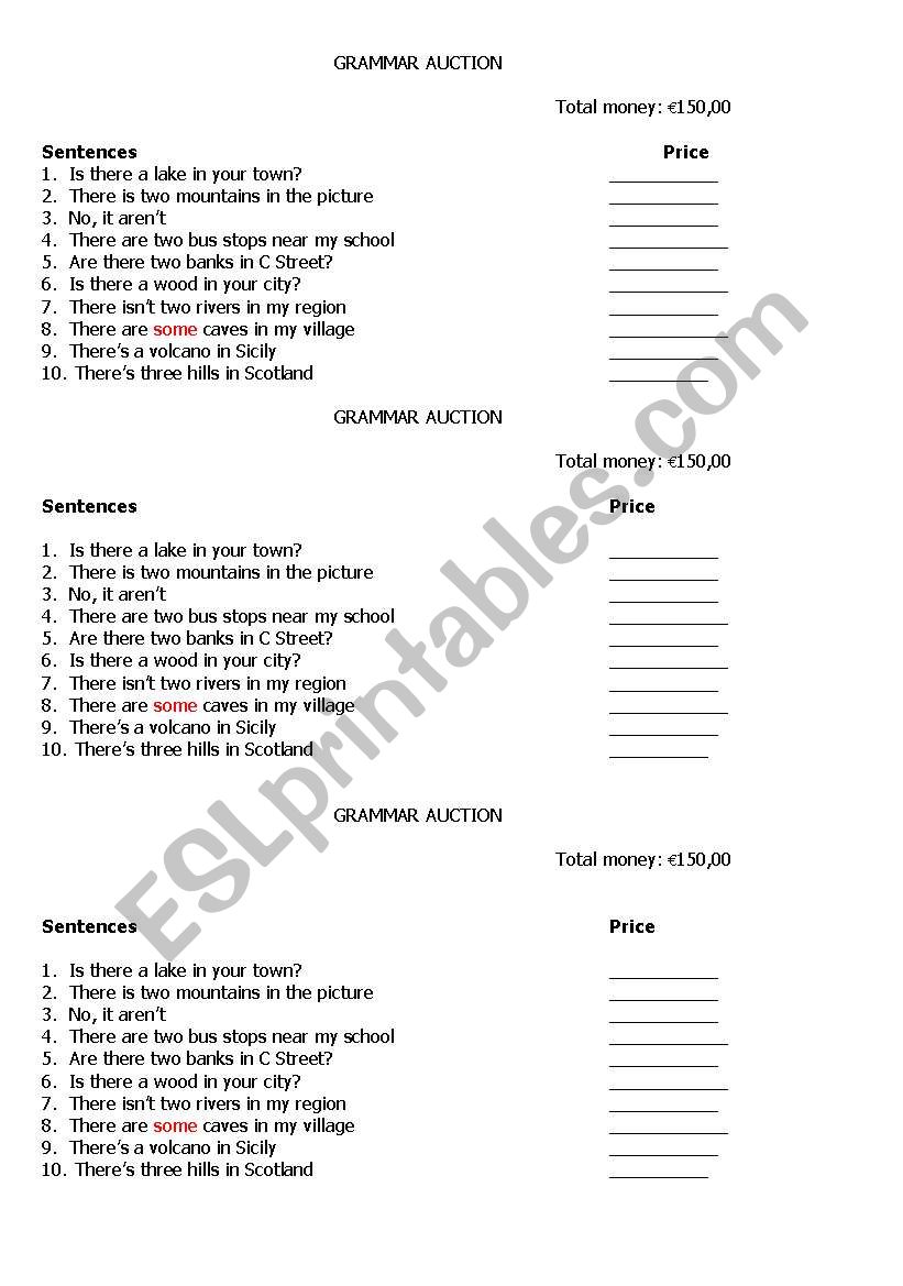 Grammar Auction worksheet