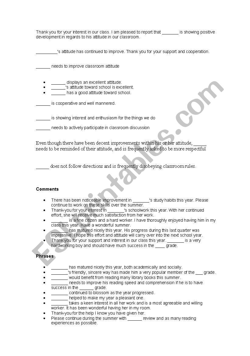 comments for report cards worksheet