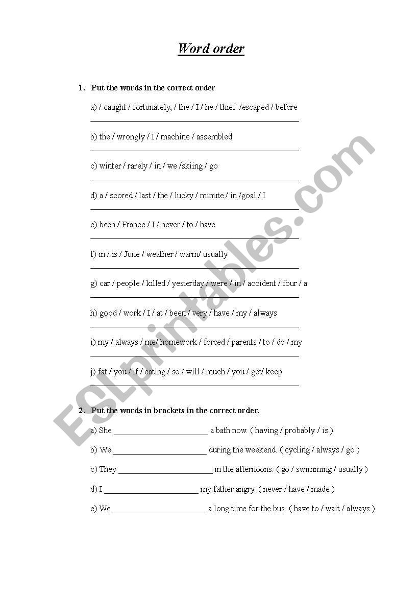  Word order worksheet