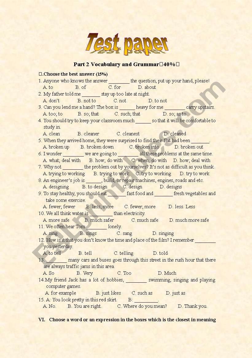 test paper on vocabulary and grammar