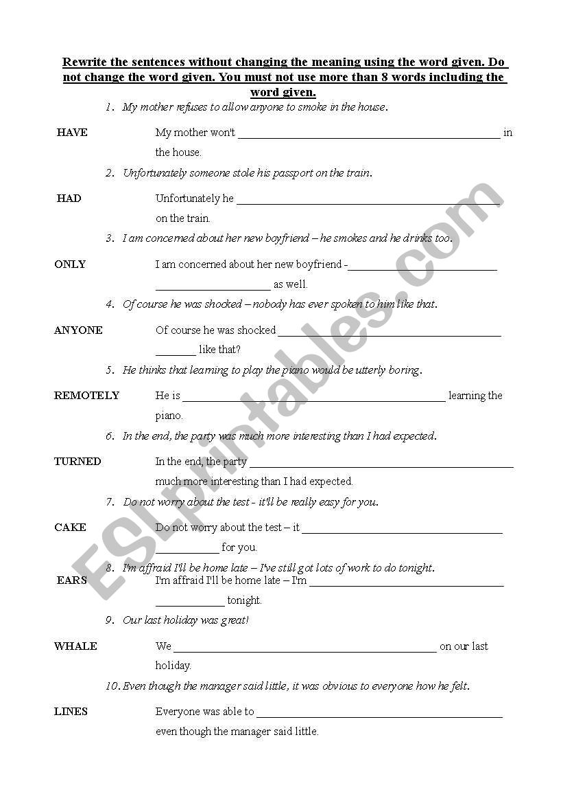  Rephrasing english sentences worksheet