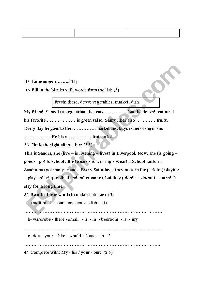 exam worksheet