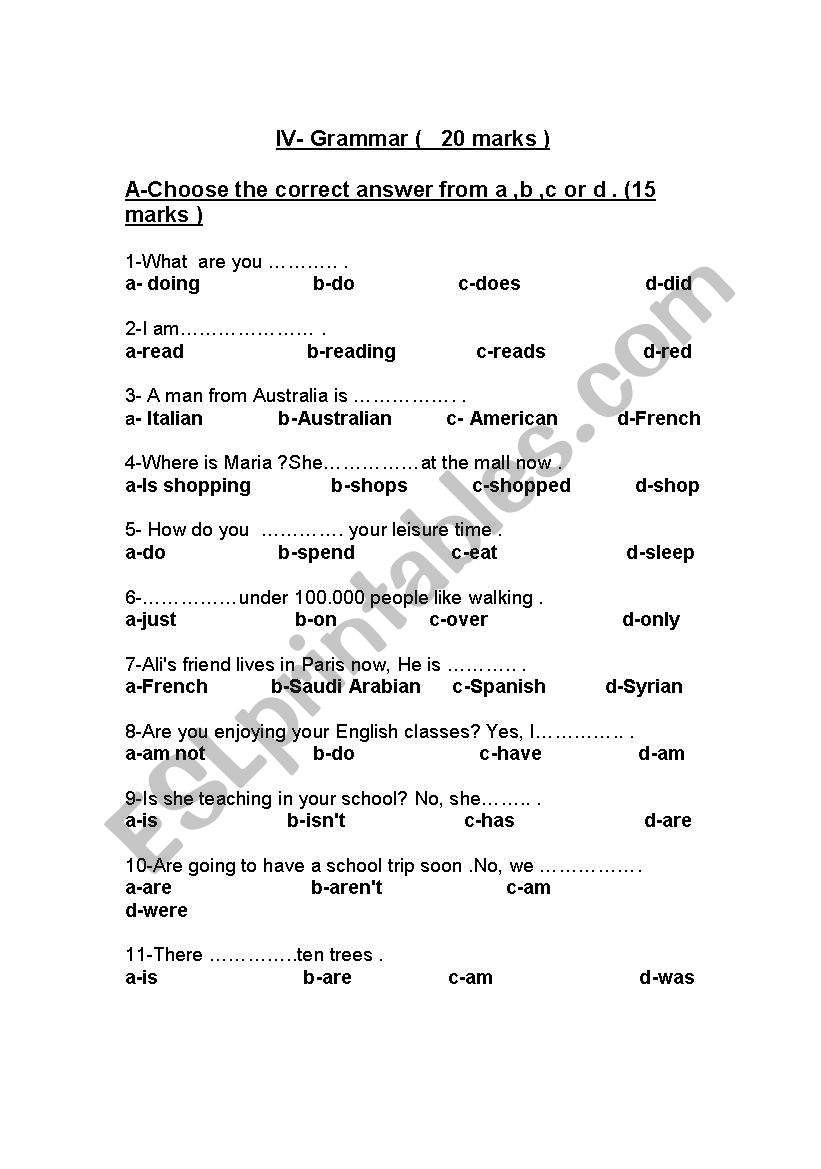 grammar   test worksheet