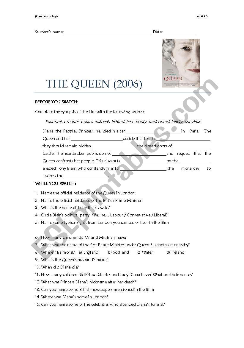 The Queen (film worksheet) worksheet