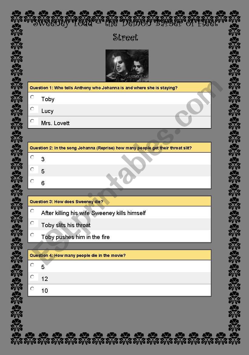 Sweeney Todd, the Demon Barber of Fleet Street - Film Quiz