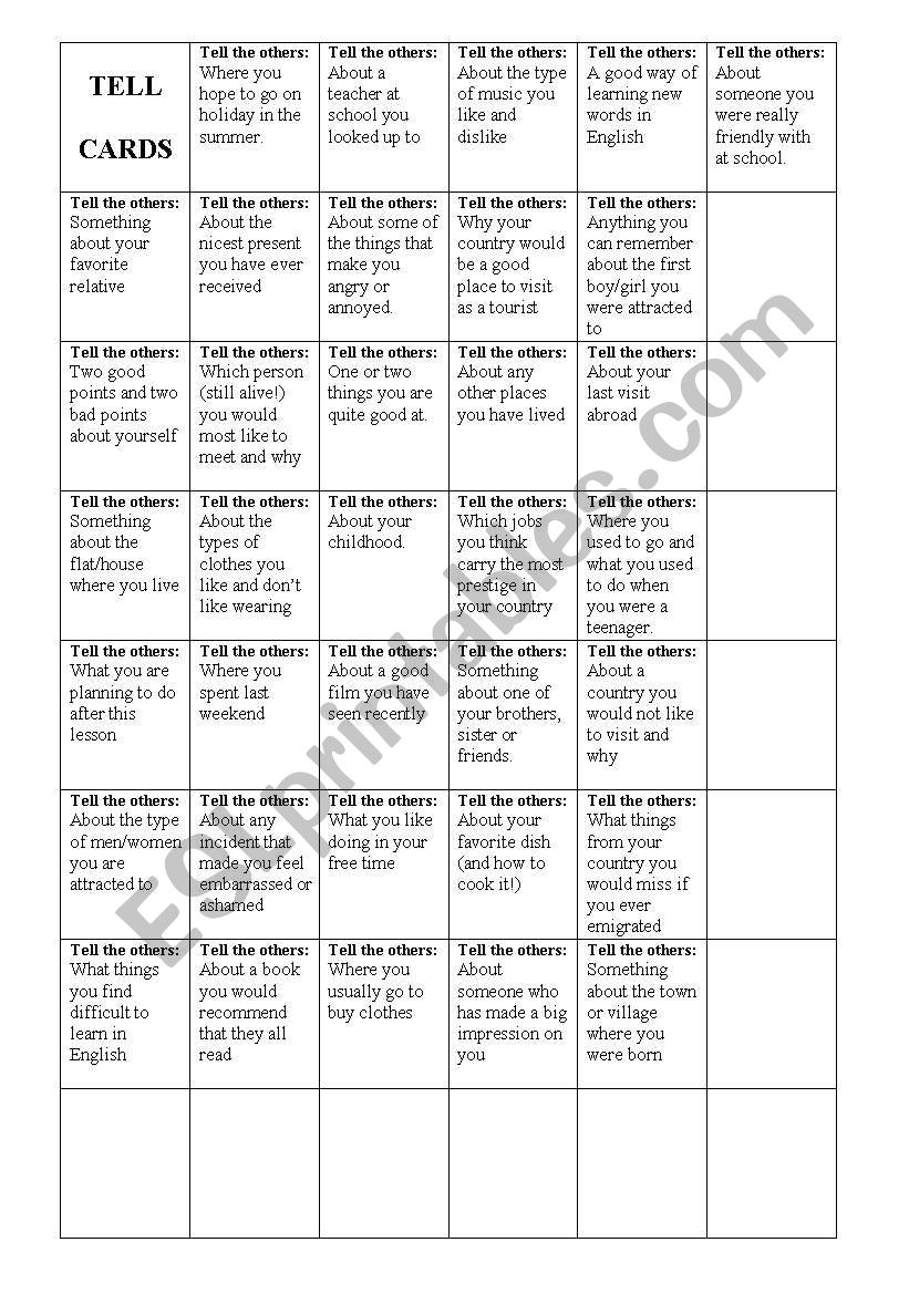 Tell cards worksheet