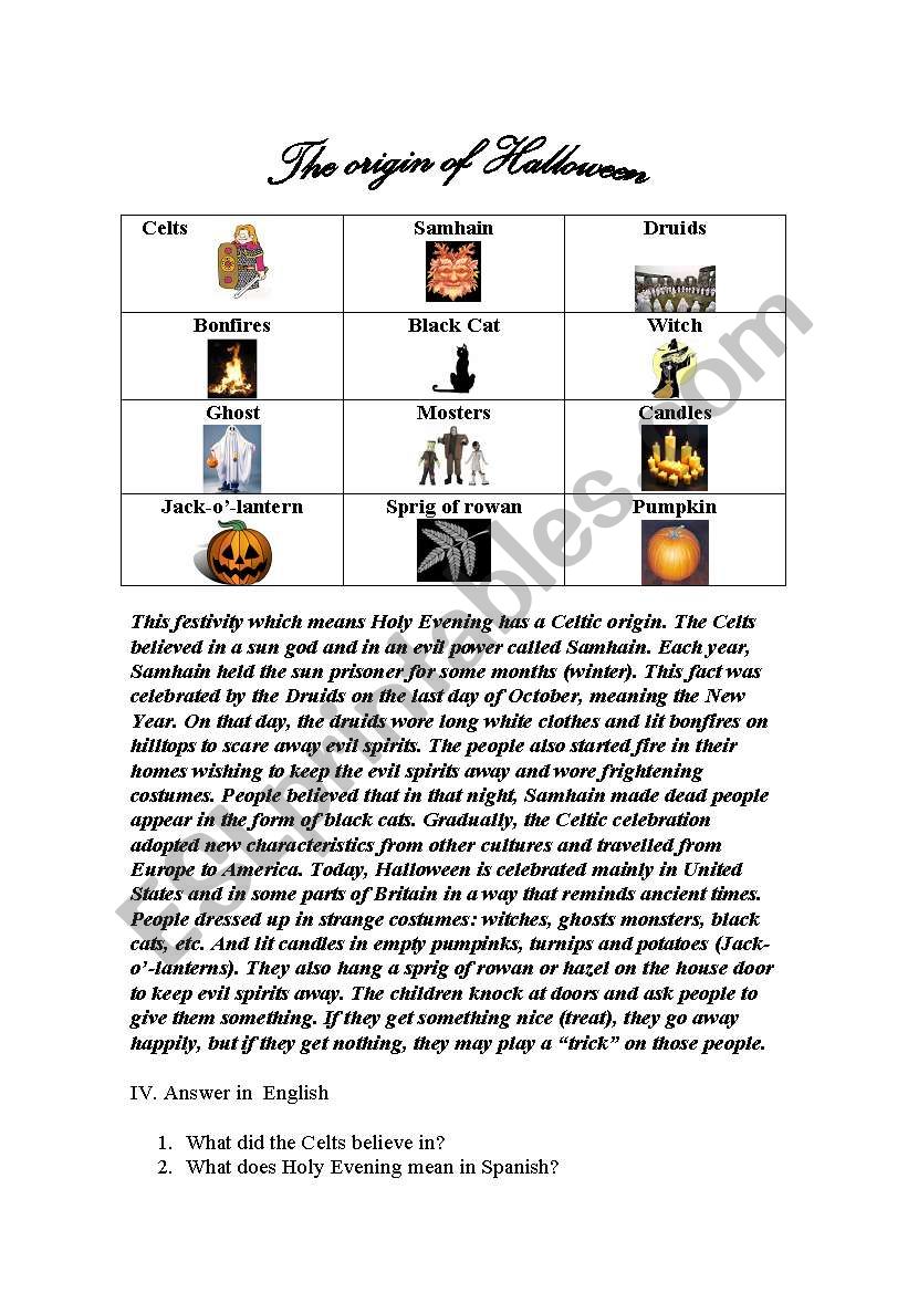 The Origin of Halloween worksheet