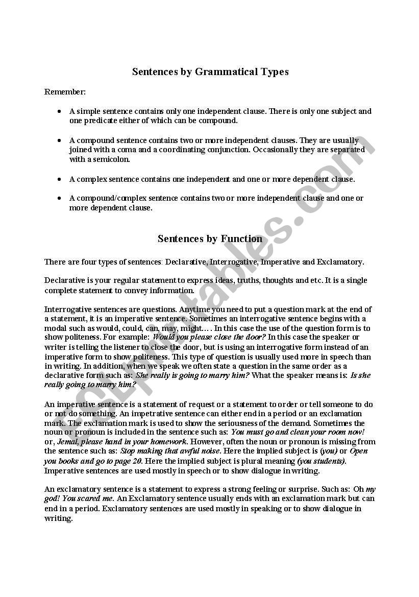 Overview sentence types worksheet