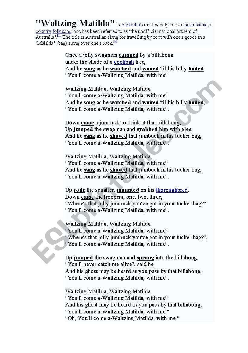 Waltzing Matilda worksheet