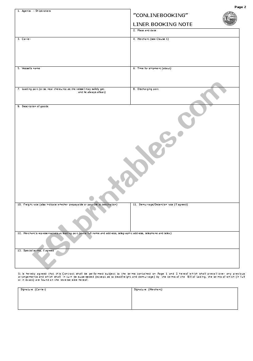 bimco booking note worksheet