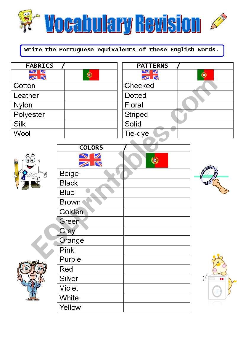 Vocabulary revision - fabrics, patterns and colours + exercises