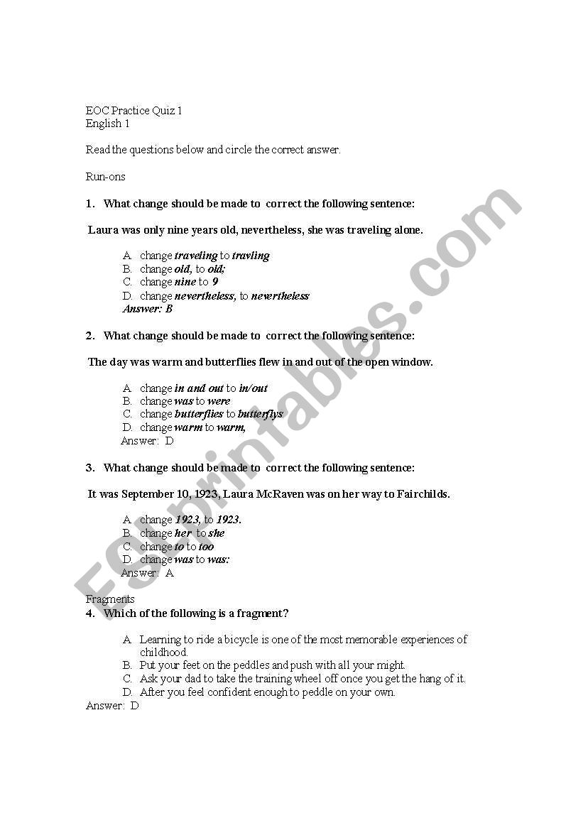 English Grammar EOC Practice Quiz