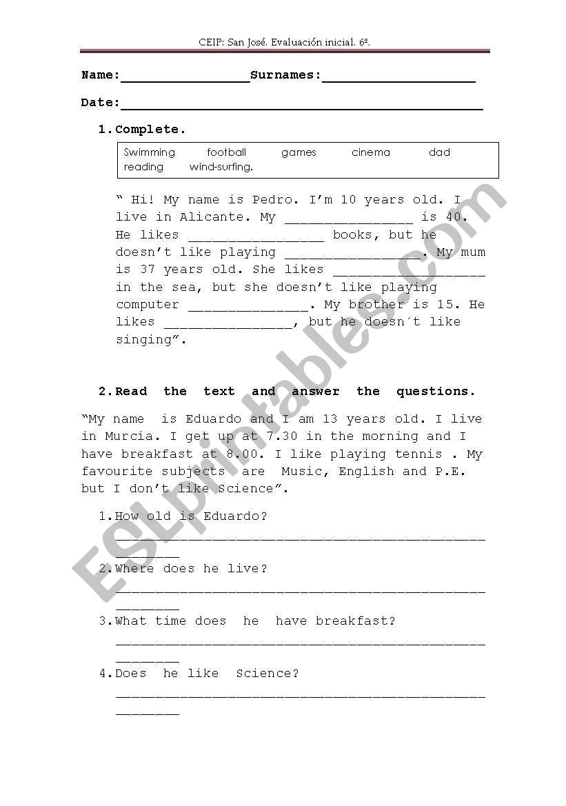 A worksheet for revision: reading comprehension, gap fill in, the time...etc.