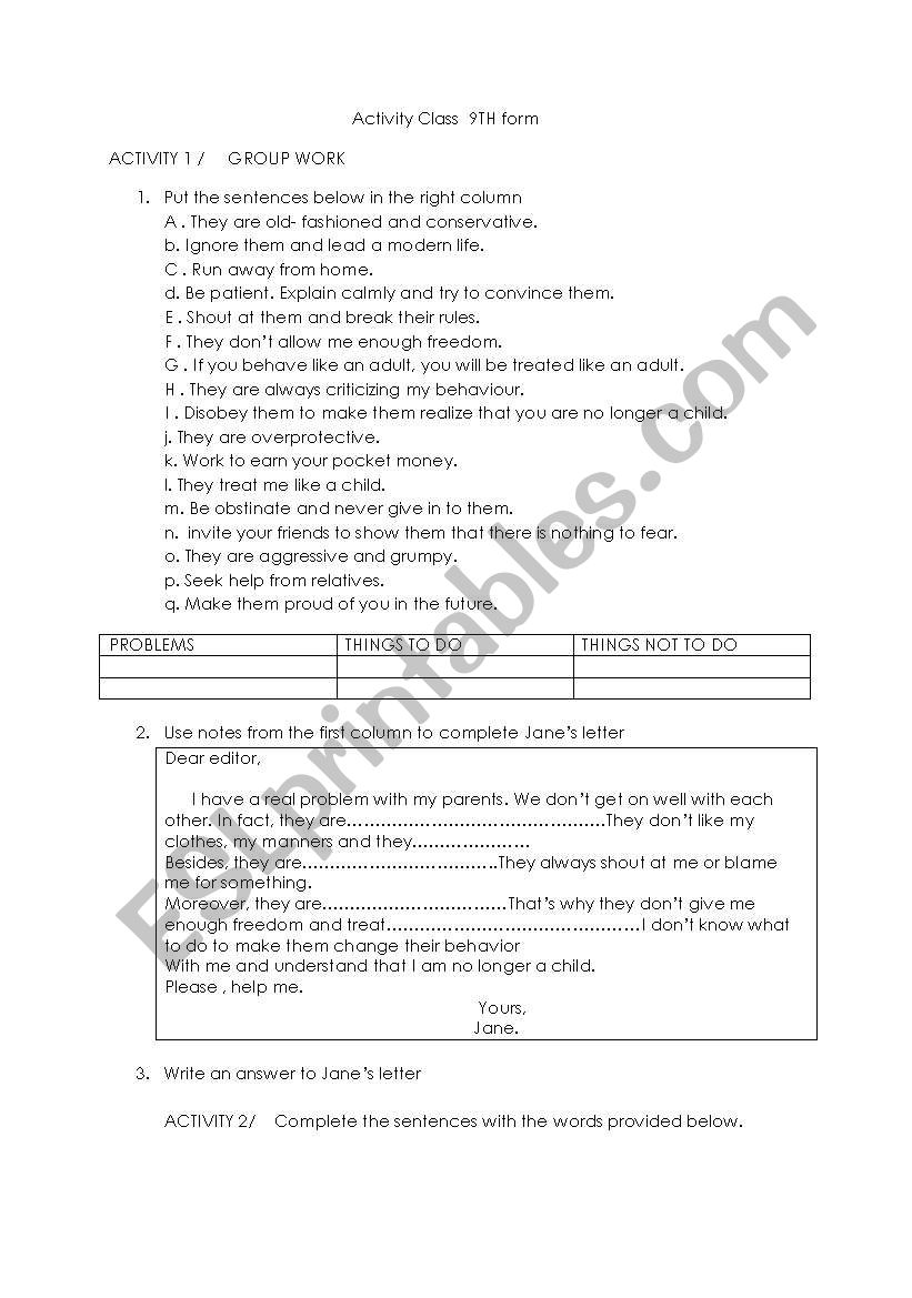 activity class  worksheet