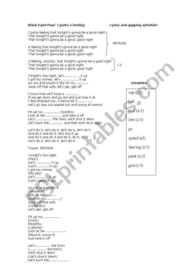 Fill in the blanks activity about song: I gotta feeling, Black Eyed peas