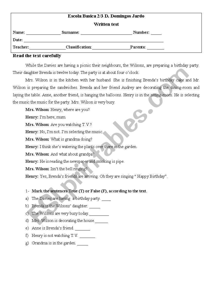 Written test worksheet