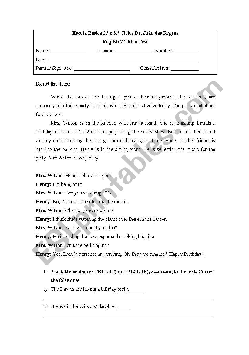Written test worksheet