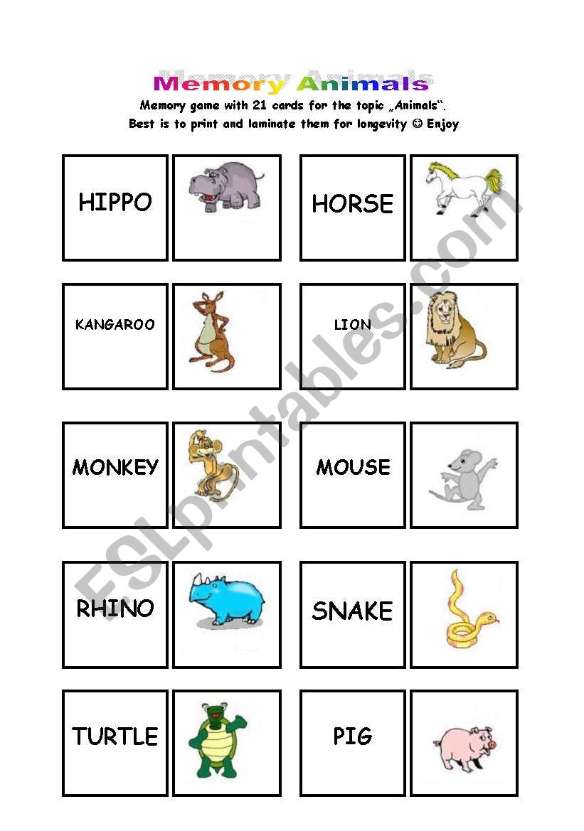 Memory game Animals worksheet