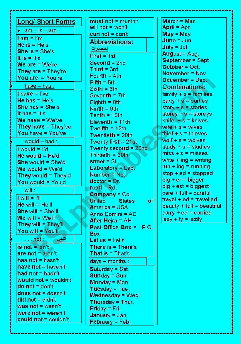 short and long forms worksheet