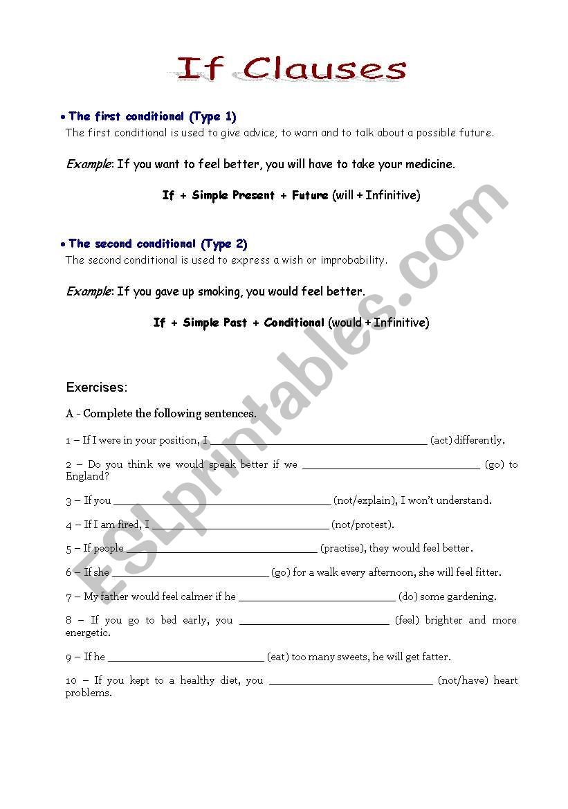if clauses type 1 and 2 worksheet
