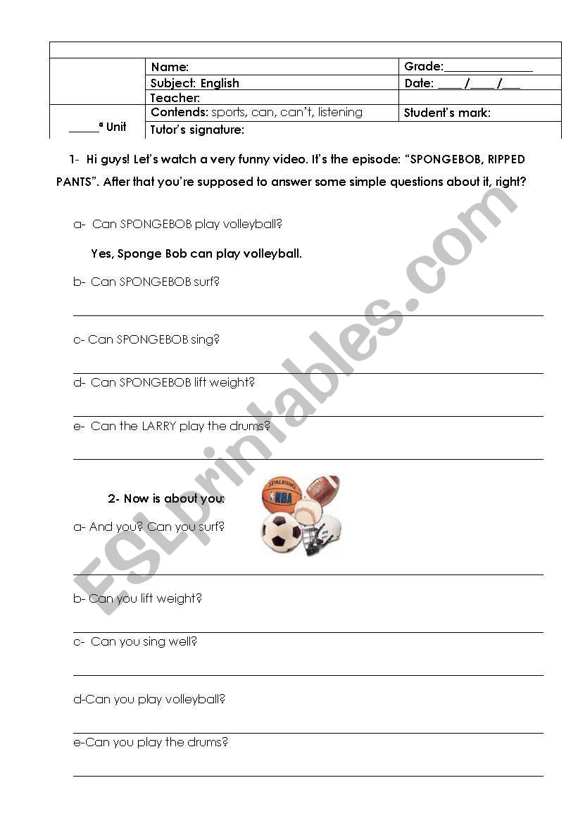 SPONGE BOB worksheet