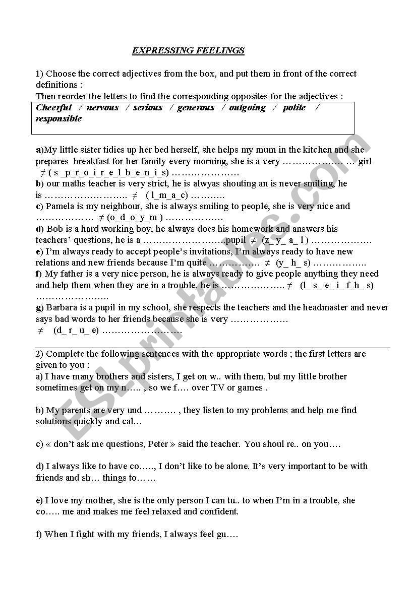 expressing feelings worksheet