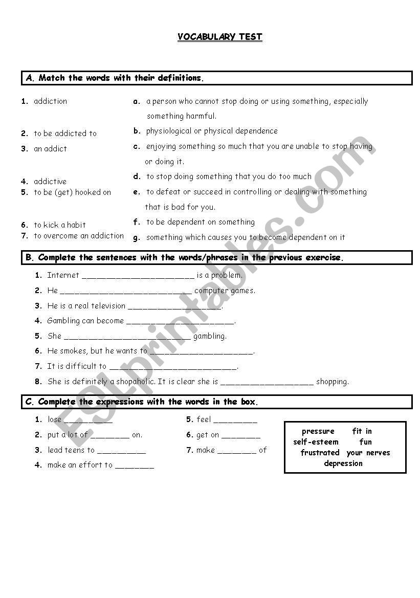 Addictions worksheet